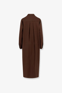 Hevò women’s Arigliano brown linen and viscose chemisier dress showing back with classic collar and subtle pleats