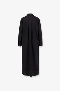 Black long-sleeved Hevò Arigliano viscose and linen chemisier dress showing pleated back with collar detail