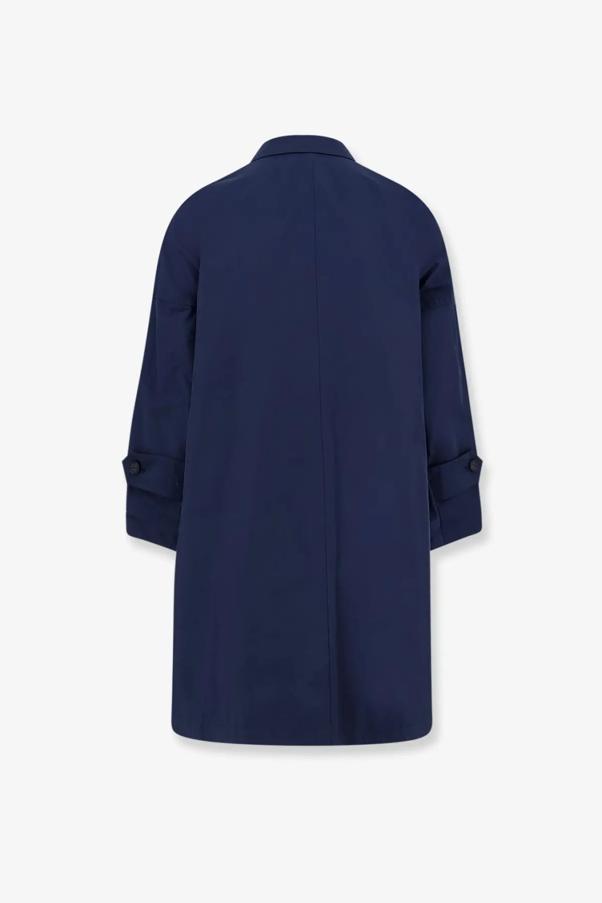 Navy blue cotton blend Hevò women’s Cala Paradiso raincoat with buttoned cuffs and central seam shown from back