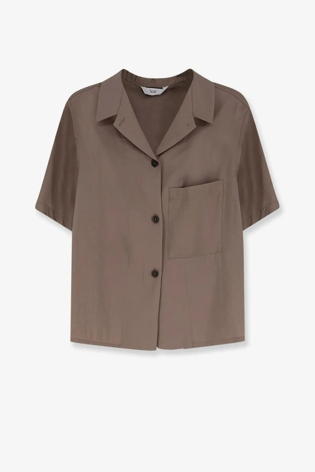 Hevò women’s beige taupe short-sleeved modal blend shirt with collar chest pocket and button-up front