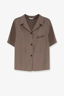Hevò women’s beige taupe short-sleeved modal blend shirt with collar chest pocket and button-up front