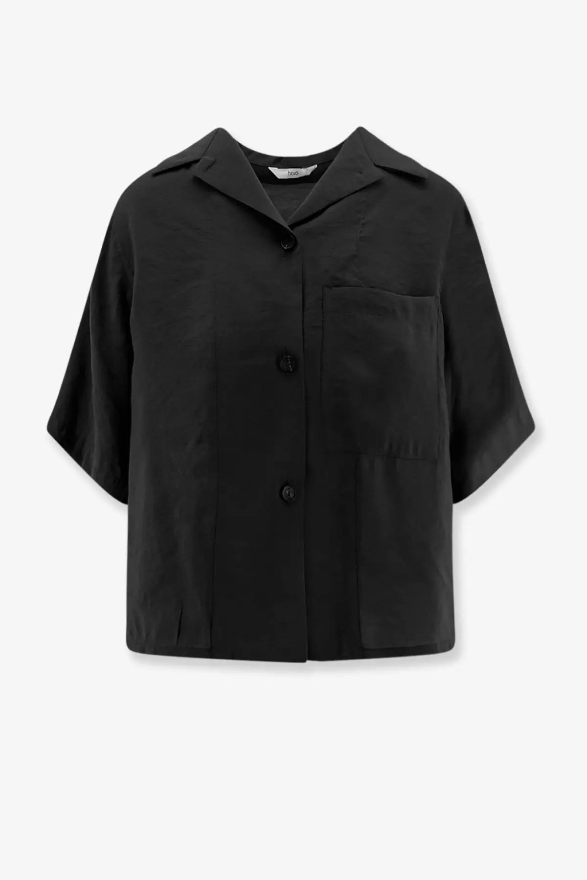 Hevò women’s novoli modal blend black shirt featuring short sleeves collar and front pockets
