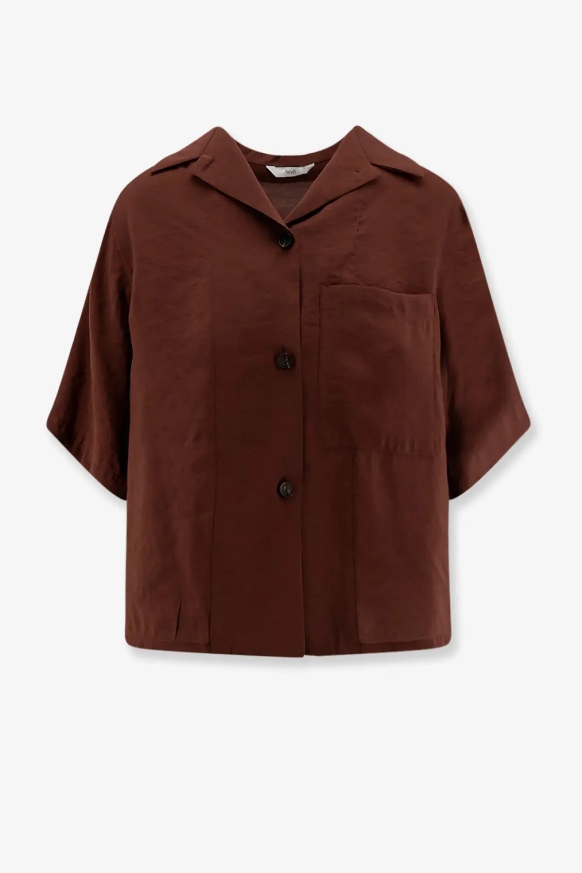 A brown short-sleeved button-up modal blend shirt with collar and front pockets by hevò womens novoli