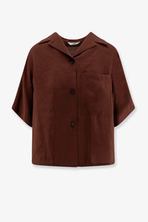 A brown short-sleeved button-up modal blend shirt with collar and front pockets by hevò womens novoli