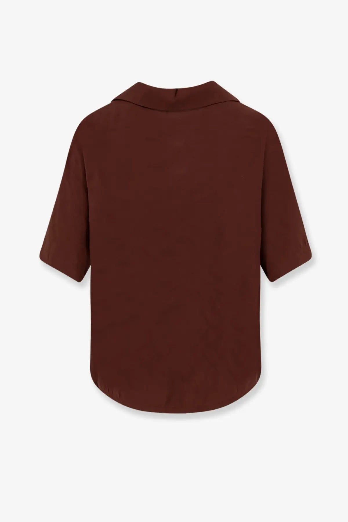 A sleek dark brown short-sleeved modal blend blouse with collar and curved hemline by Hevò women