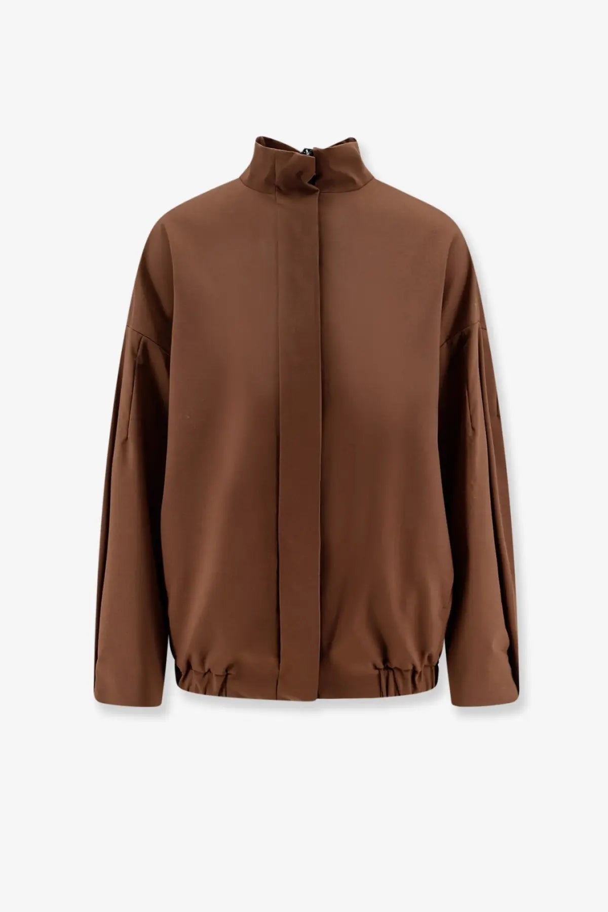 A sleek chocolate brown wool blend bomber jacket with high collar and elastic cuffs from hevò women’s collection