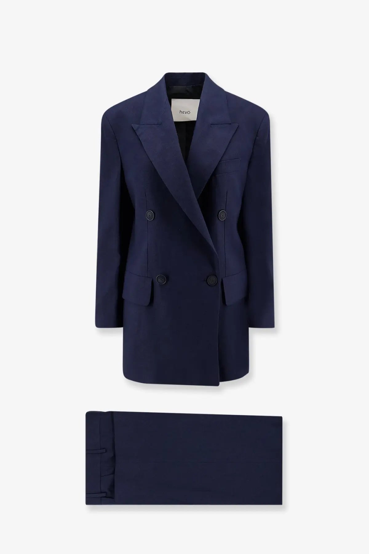 Hevò women’s rocchetta navy blue double-breasted linen and viscose blazer with black buttons and matching trousers by revo