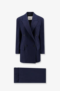 Hevò women’s rocchetta navy blue double-breasted linen and viscose blazer with black buttons and matching trousers by revo