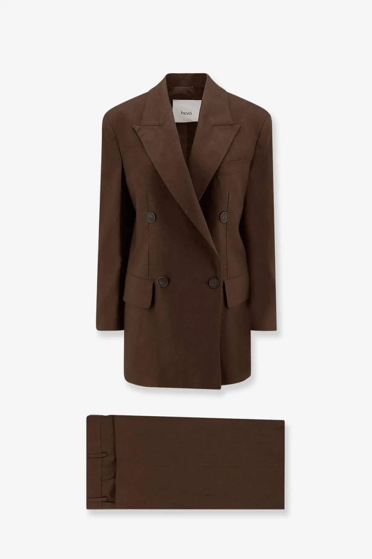 A sleek chocolate-brown double-breasted blazer from neve made of linen and viscose in the hevò women’s suit collection