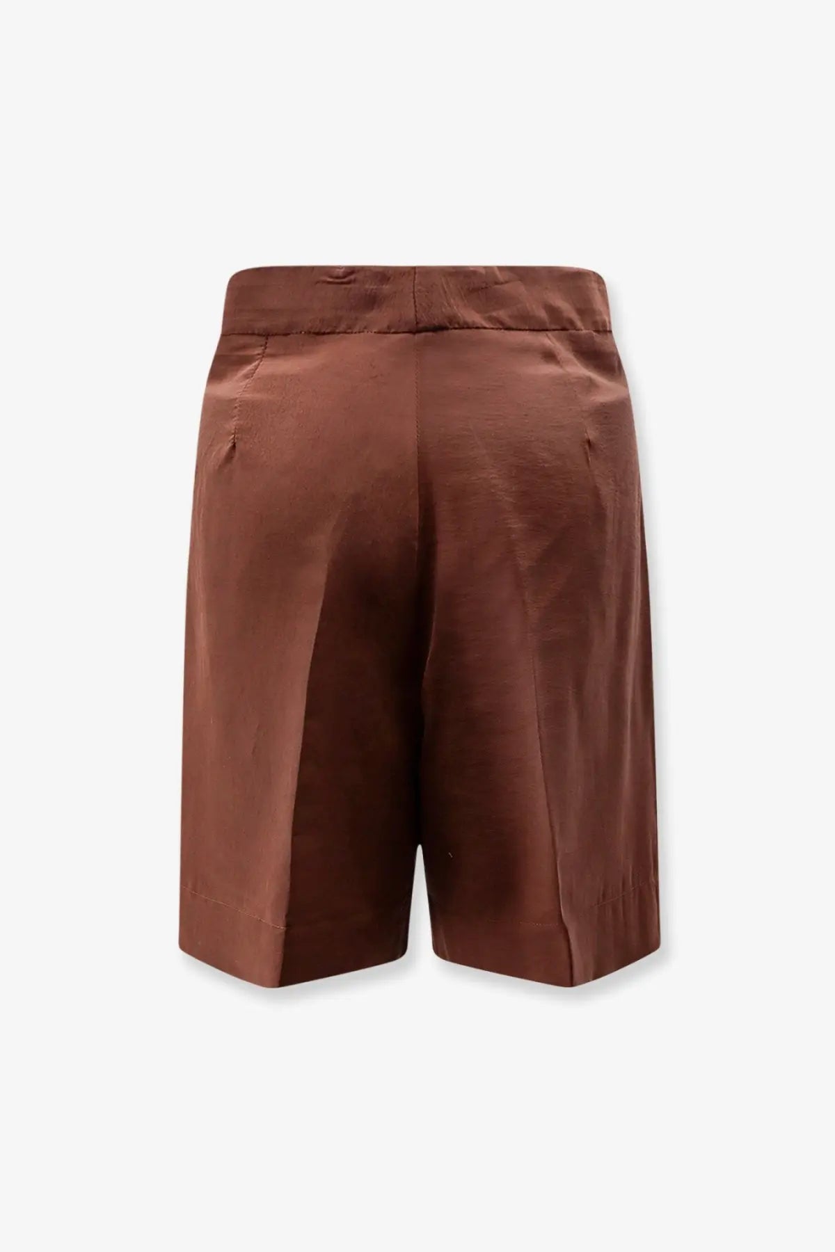 Brown satin hevò women’s torre lapillo modal blend bermuda shorts with sleek tailored fit and subtle back pleats visible