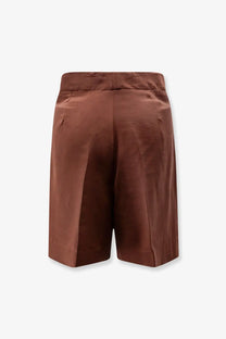 Brown satin hevò women’s torre lapillo modal blend bermuda shorts with sleek tailored fit and subtle back pleats visible