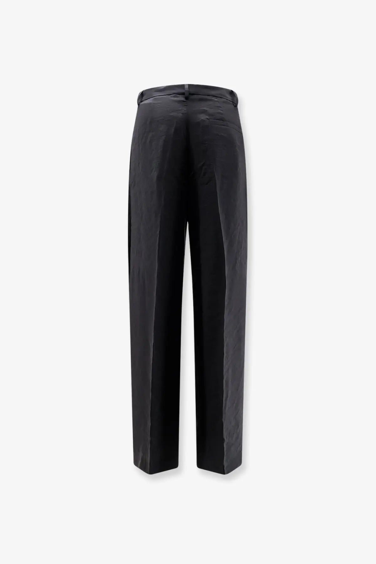 Black satin Hevò women’s Torreveneri modal blend trousers with sleek straight-leg cut and subtle back pleats shown from the back