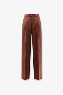 Hevò women’s torreveneri brown pleated wide-leg trousers in modal and polyester with smooth glossy fabric and button waist closure