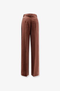 Brown satin wide-leg trousers with a sleek high-waisted design made of modal and polyester by hevò women