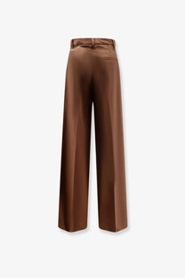 Hevò women’s torreveneriwool blend brown satin wide-leg trousers with sleek high-waisted design and subtle creases