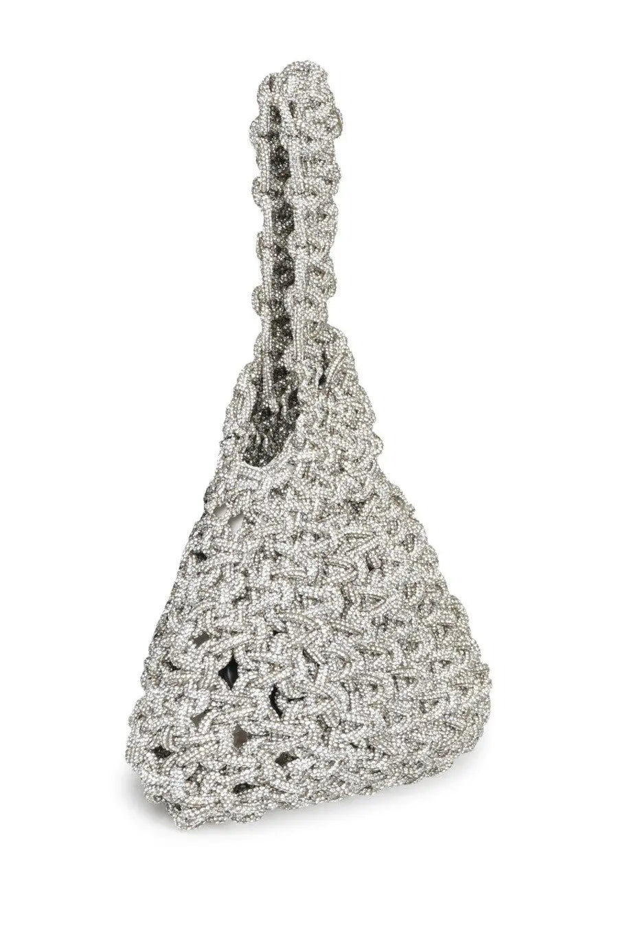 A sparkling silver beaded handbag with intricate crochet design and matching handle by Hibourama women’s borsa Niky con cristalli silver