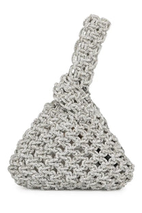 Silver beaded woven handbag with textured design and matching handle from Hibourama women’s borsa Niky con cristalli