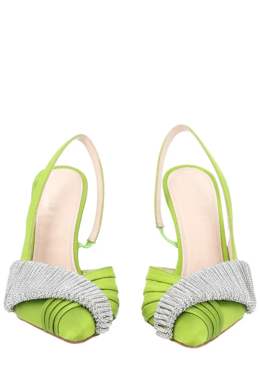 Hibourama women’s infinite slingback green lime green satin heels with sparkling silver beaded bow on toe
