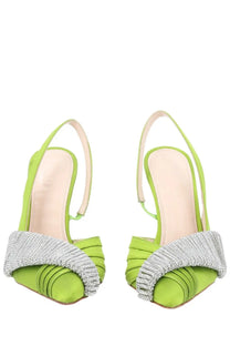 Hibourama women’s infinite slingback green lime green satin heels with sparkling silver beaded bow on toe