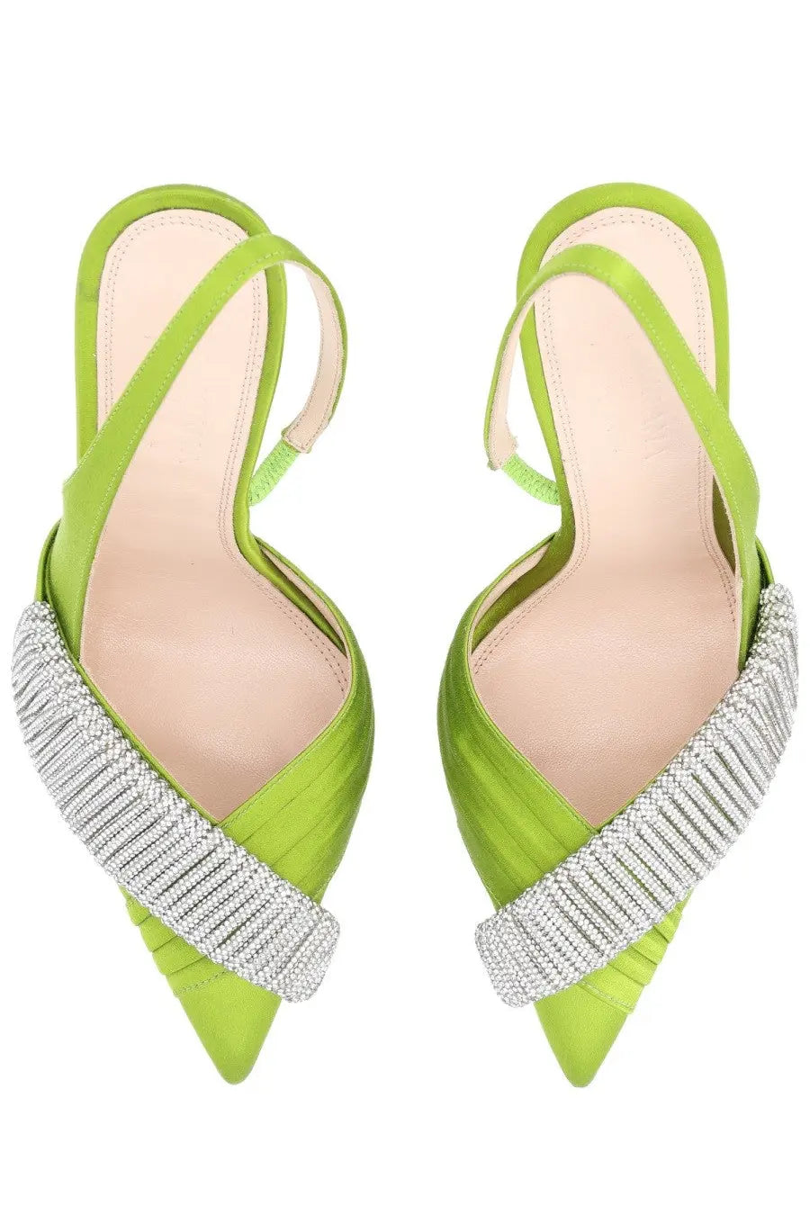 Hibourama womens infinite slingback green lime green satin heels with silver beaded strap detail