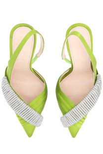 Hibourama womens infinite slingback green lime green satin heels with silver beaded strap detail