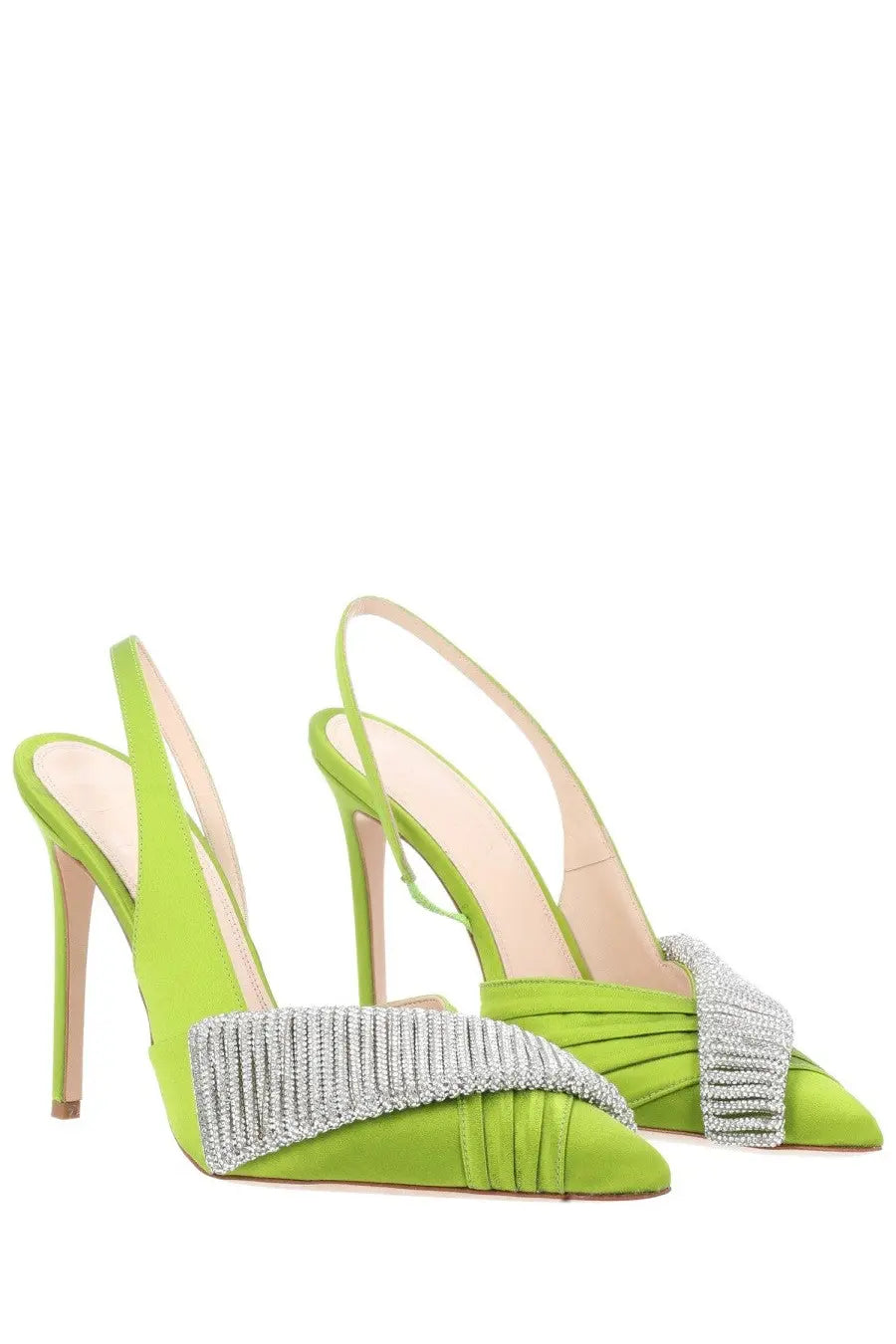 Hibourama women’s infinite slingback green satin heels with lime green color and silver rhinestone bow at the toe
