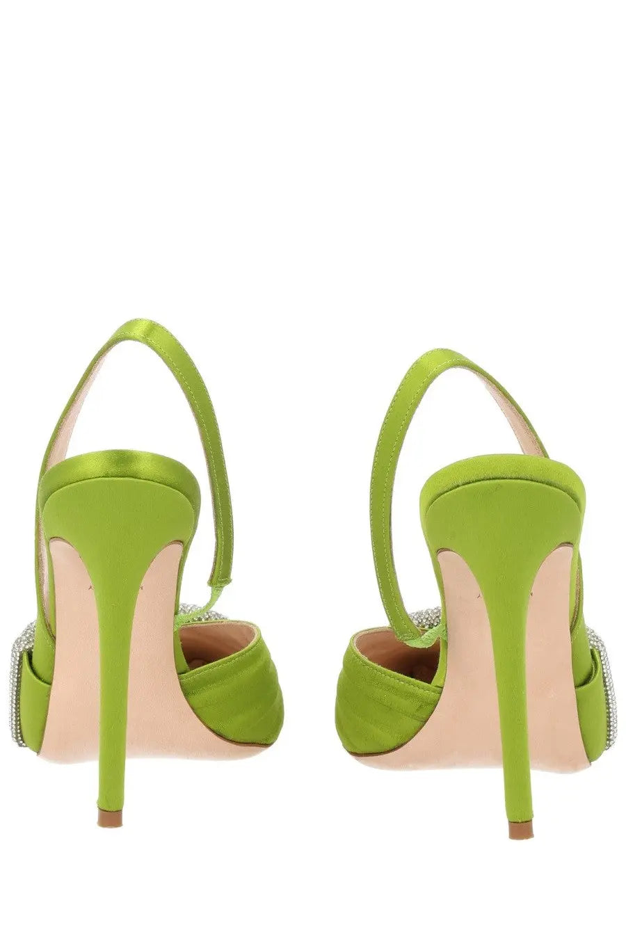 Hibourama women’s infinite slingback lime green satin heels with crystal embellishments on the side