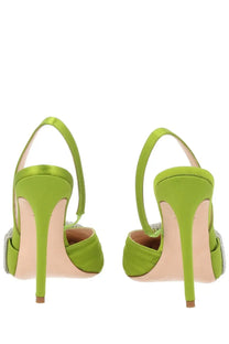 Hibourama women’s infinite slingback lime green satin heels with crystal embellishments on the side