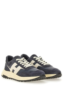 Hogan men’s Hyperlight sneaker navy blue suede and leather with cream laces and bold white h logo on the side