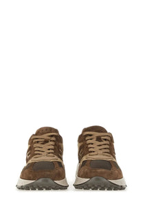 Hogan men’s hyperlight sneaker brown in brown suede and beige mesh with chunky white midsole and dark gray outsole