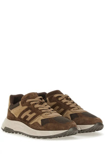 Hogan men’s hyperlight sneaker brown in brown and tan suede with a bold h logo and chunky white midsole