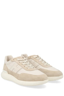 Hogan men’s interactive³ sneaker beige in beige and cream suede and leather with chunky white rubber sole