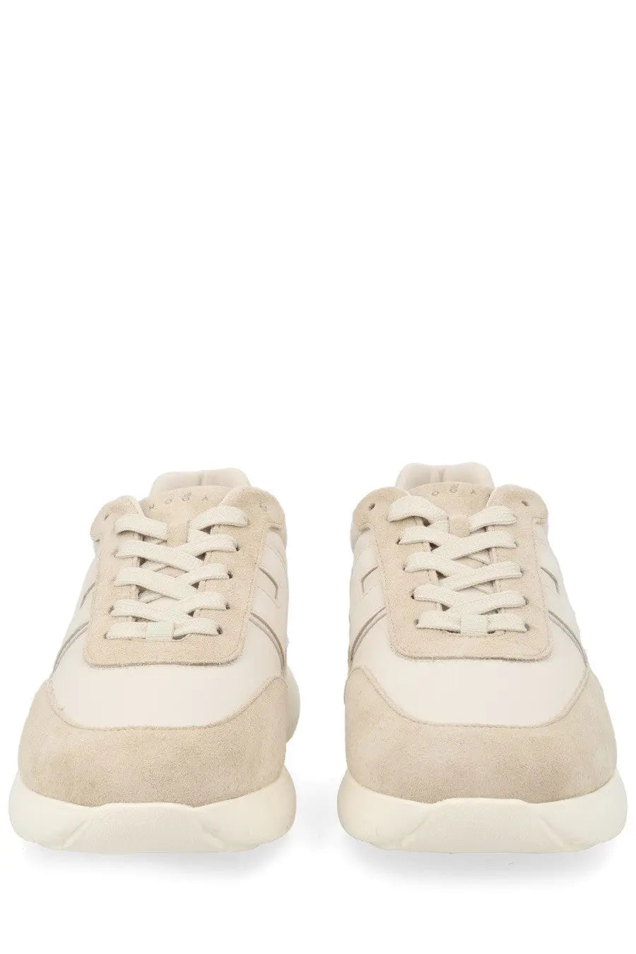 Hogan men’s interactive3 sneaker beige in beige suede and leather with matching laces shown from the back side