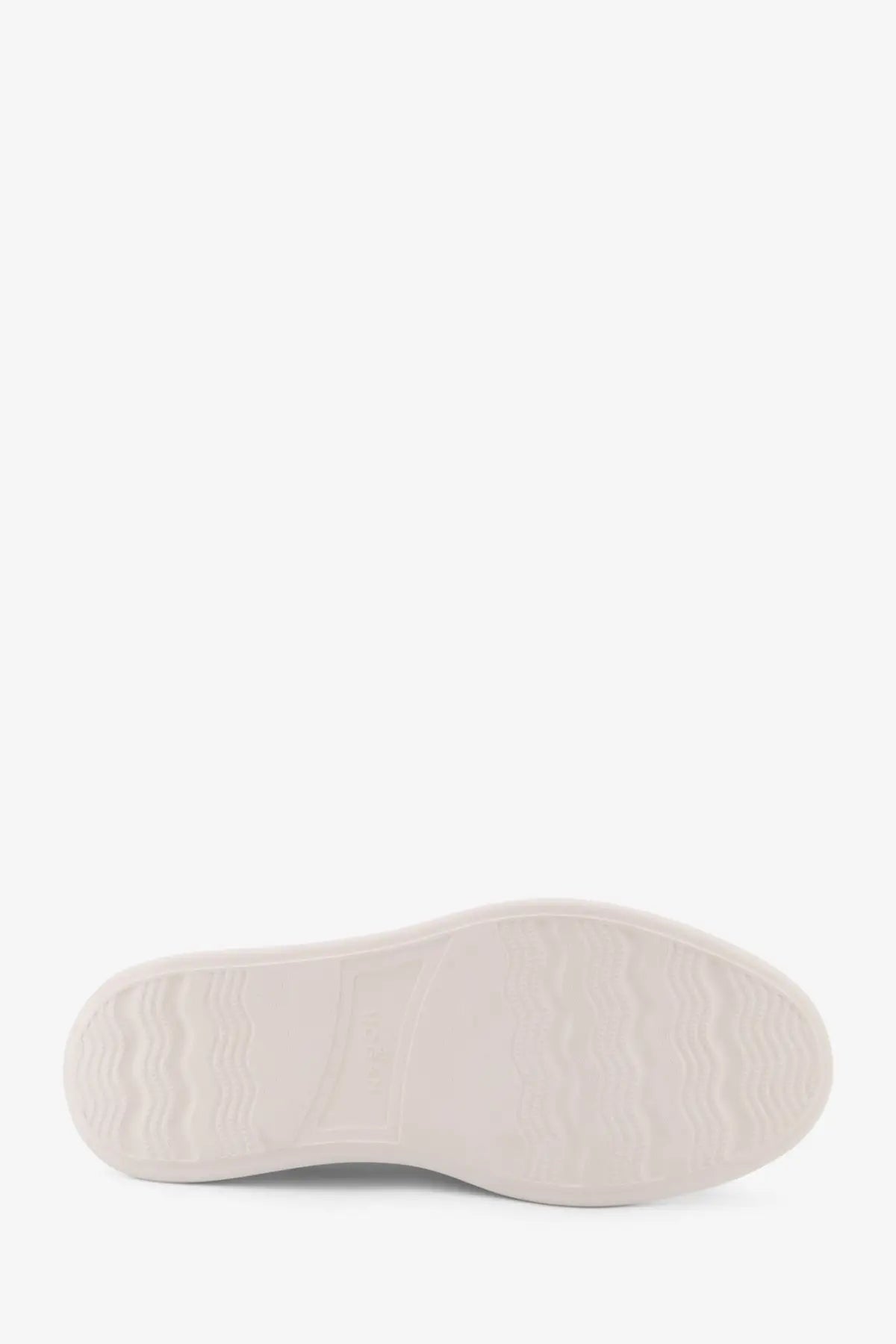 White rubber sole with wavy tread pattern on hogan men’s brown leather sneakers visible from the back side