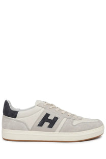 Hogan men’s sneaker beige light gray suede and canvas low-top with black h logo white laces and navy heel tab