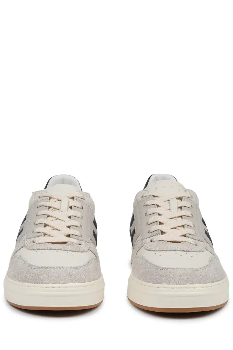 Hogan men’s sneaker beige low-top in light gray suede and canvas with black stripes white laces and cream sole