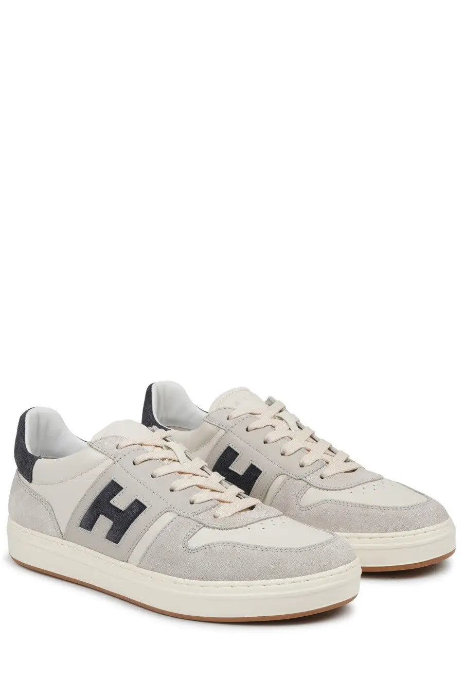 Hogan men’s sneaker beige in light gray suede and canvas with black logo accents cream laces and white sole