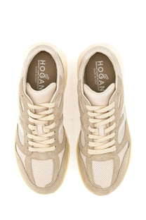 Hogan men’s sneaker beige in suede and mesh with white laces and perforated panels