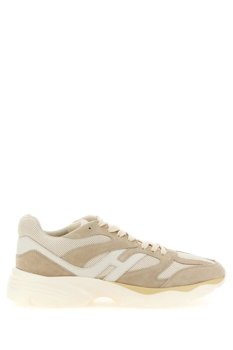 Hogan men’s sneaker beige featuring beige suede and mesh upper with chunky white rubber sole