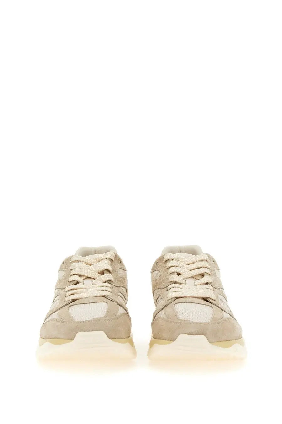 Hogan men’s sneaker beige featuring beige suede and white mesh with a chunky translucent sole for casual wear