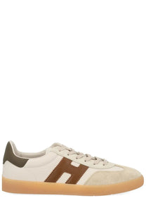 Cream-colored suede and leather low-top sneaker with brown embroidered h logo olive green heel tab and gum sole by hogan