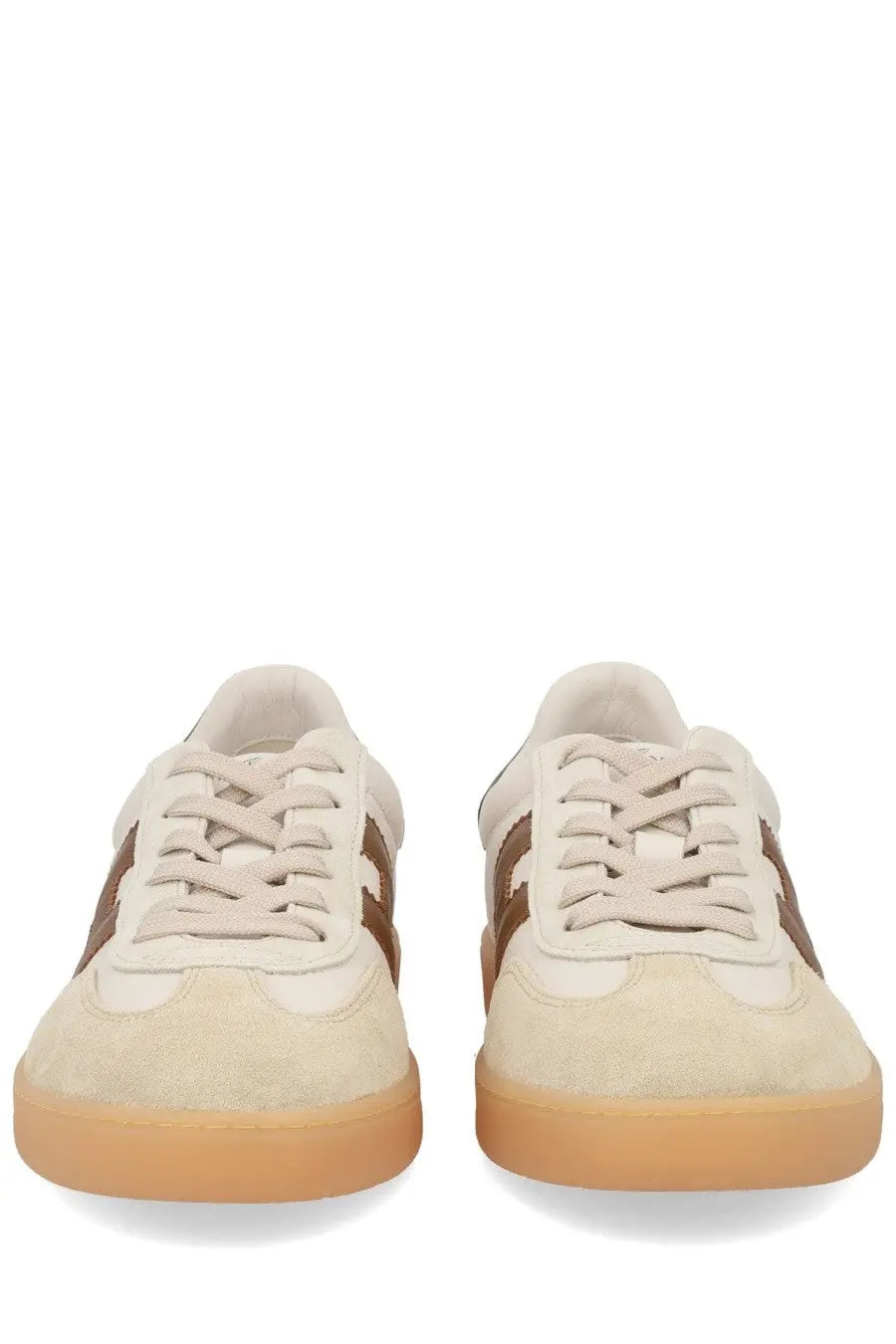 Cream-colored suede hogan men’s sneaker with brown stripes and gum rubber sole for casual wear