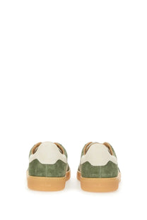 Hogan men’s sneaker cool multicolor olive green and cream suede low-top with gum rubber sole front view