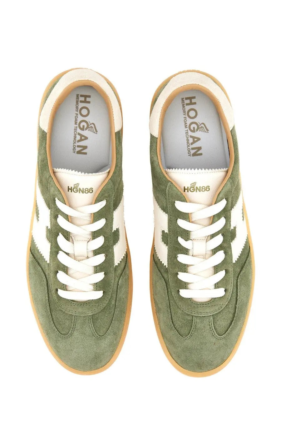 Hogan men’s sneaker cool multicolor olive green suede hOGAN hon86 with white laces and beige rubber soles