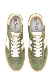 Hogan men’s sneaker cool multicolor olive green suede hOGAN hon86 with white laces and beige rubber soles
