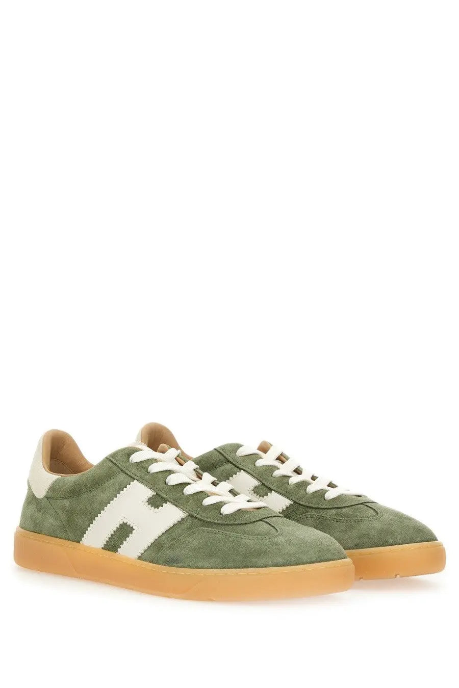 Hogan men’s sneaker cool multicolor olive green suede sneakers with white laces and tan rubber sole