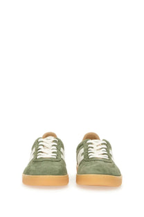 Hogan men’s sneaker cool multicolor olive green suede sneakers with white laces and tan rubber sole