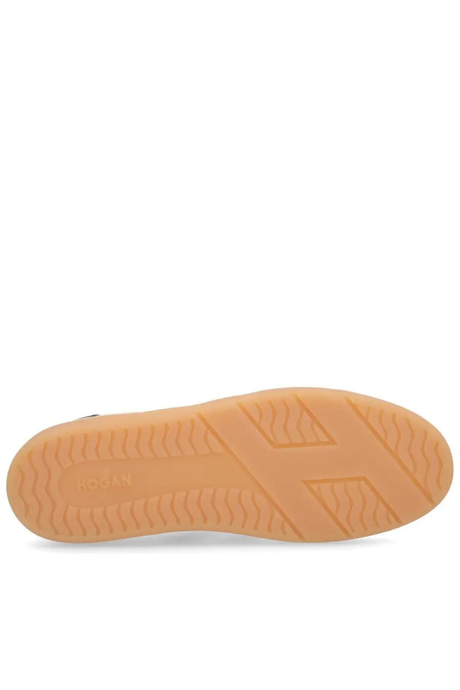 Tan rubber sole with geometric tread and hogan brand embossing on the heel of hogan men’s sneaker cool multicolor