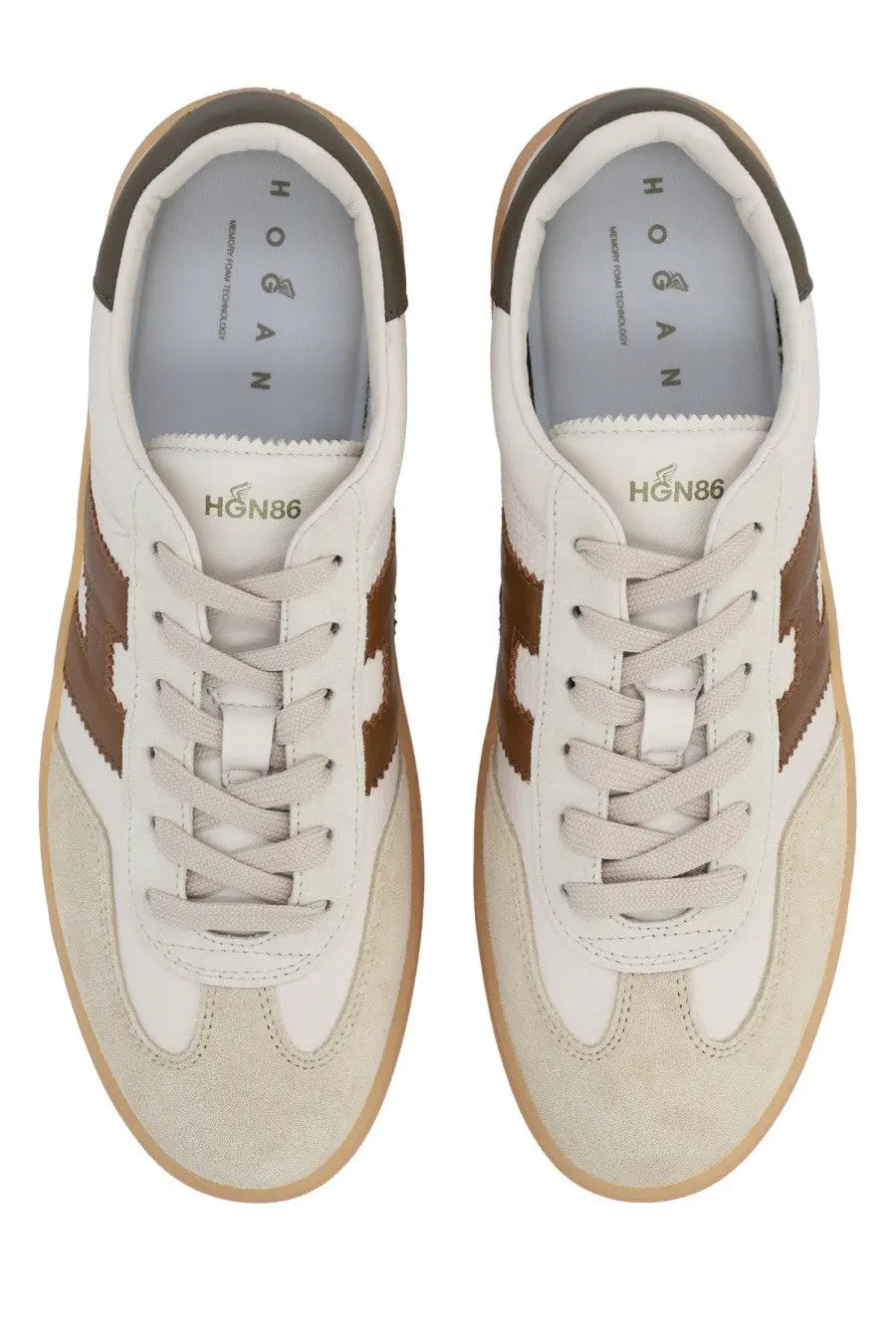 Hogan men’s sneaker cool multicolor in white and brown with suede and canvas uppers and tan rubber soles
