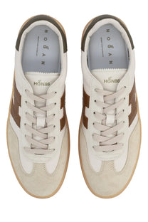 Hogan men’s sneaker cool multicolor in white and brown with suede and canvas uppers and tan rubber soles